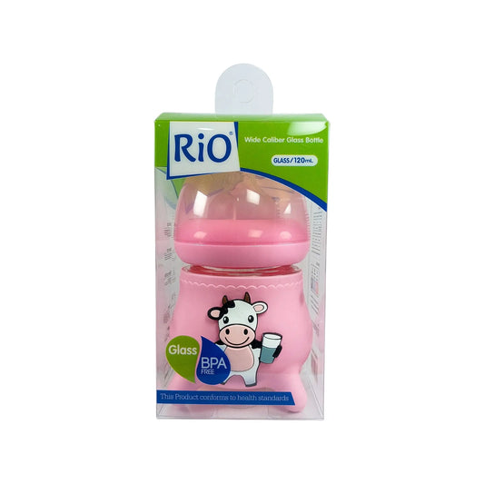 Rio's Wide Caliber Glass Feeding Bottle with Cow Sleeve and fancy cap (120 ml)