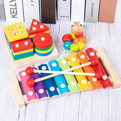 Wooden Montessori Toy Set for Toddlers – Caterpillar Toy, Xylophone & Geometric Shape Sorter (Pack of 3)