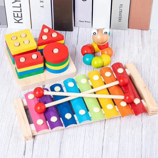 Wooden Montessori Toy Set for Toddlers – Caterpillar Toy, Xylophone & Geometric Shape Sorter (Pack of 3)