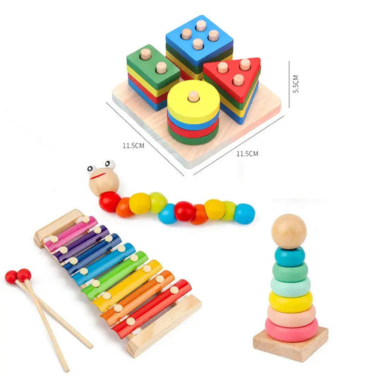 Wooden Educational Toy Set for Toddlers – Xylophone, Rainbow Stacking Tower, Shape Sorter & Caterpillar Toy (Pack of 4)