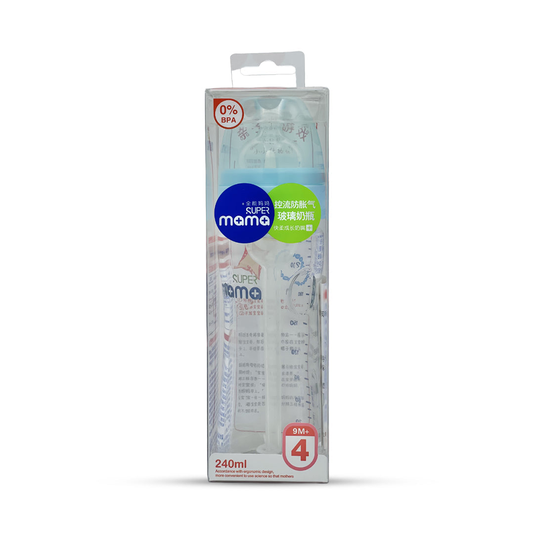 Super Mama Anti colic Wide Caliber Glass Feeding Bottle (240 Ml)