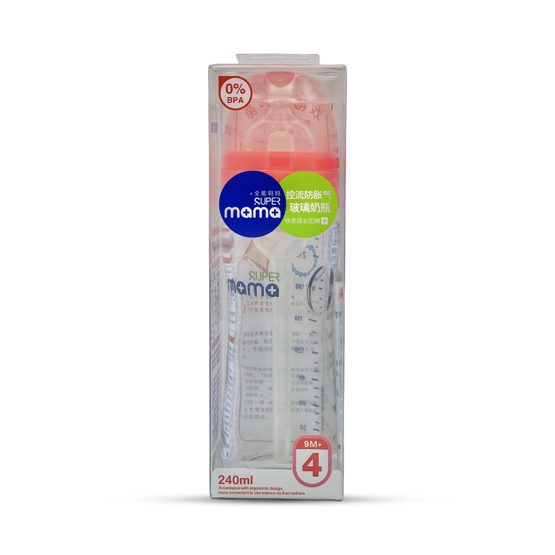 Super Mama Anti colic Wide Caliber Glass Feeding Bottle (240 Ml)