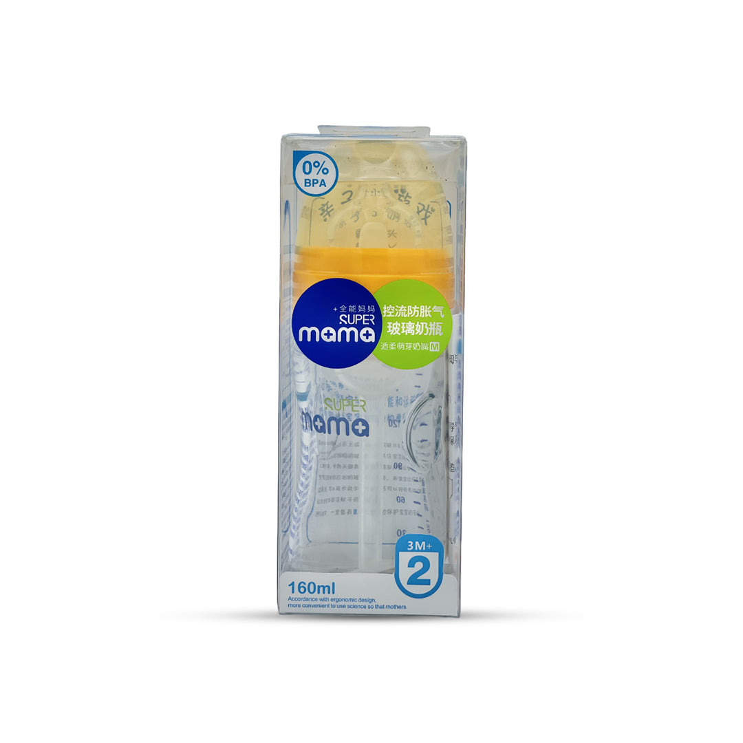 Super Mama Anti Colic Wide Caliber Glass Feeding Bottle (160 Ml)