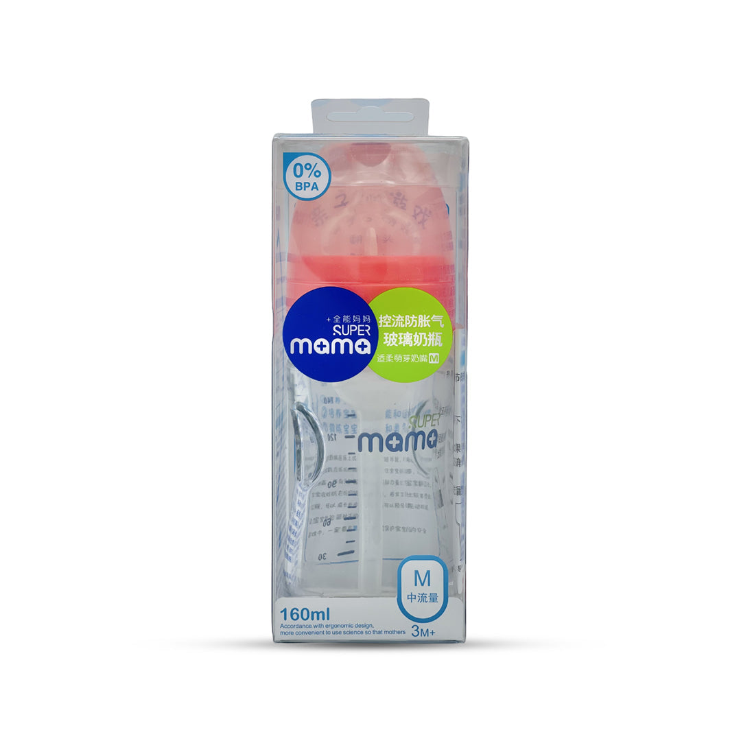 Super Mama Anti Colic Wide Caliber Glass Feeding Bottle (160 Ml)