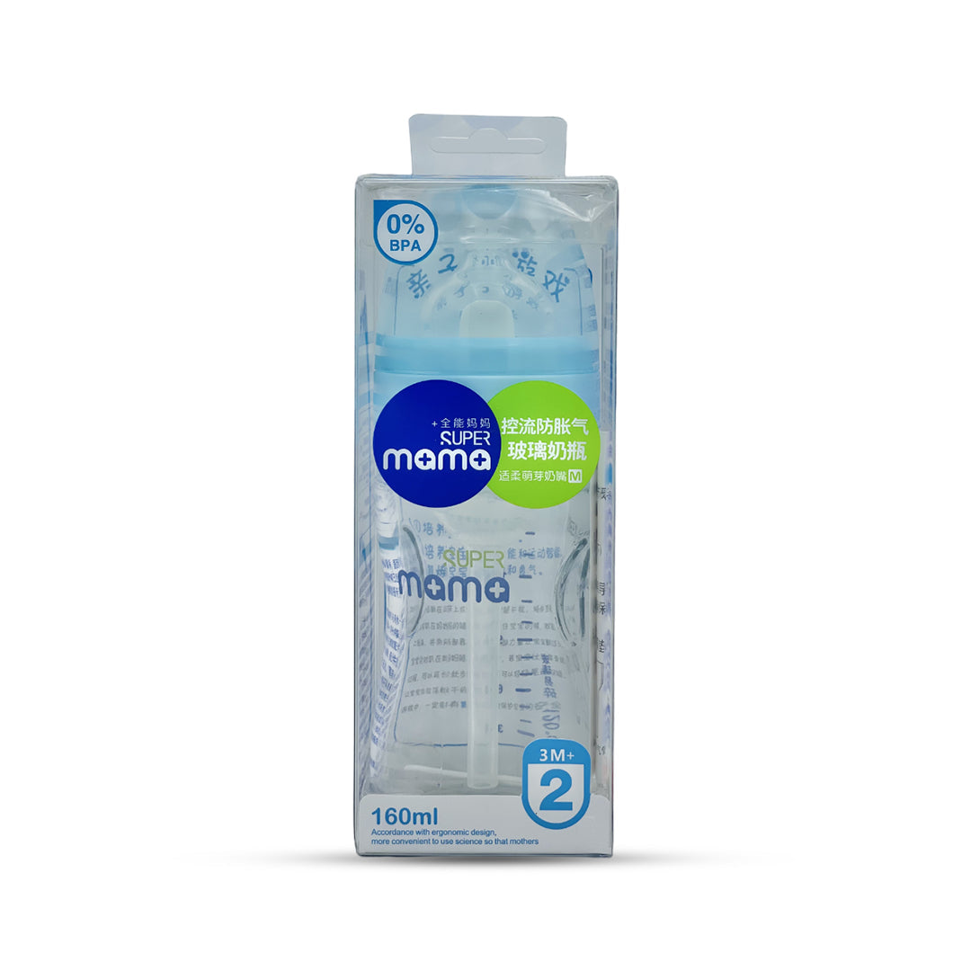 Super Mama Anti Colic Wide Caliber Glass Feeding Bottle (160 Ml)