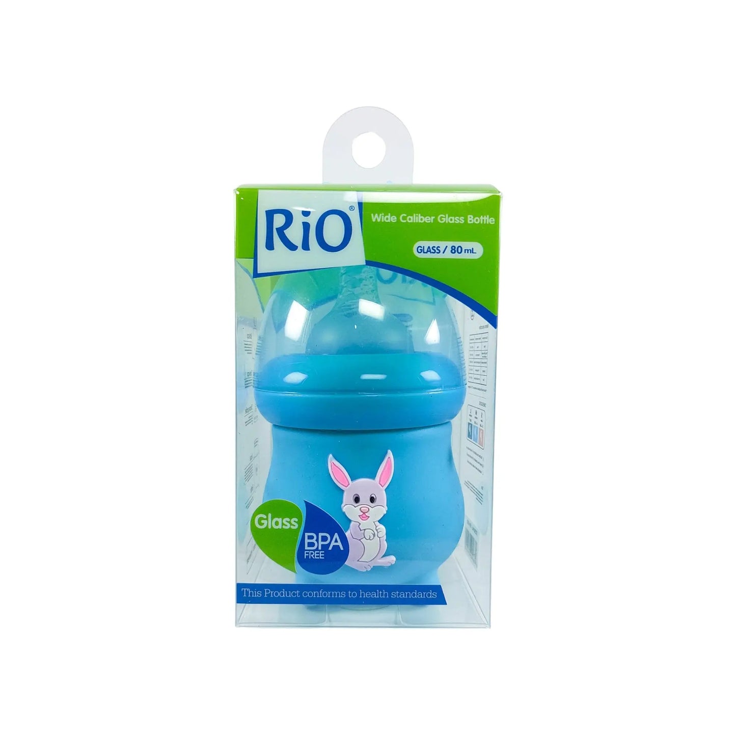 Rio's Wide Caliber Glass Feeding Bottle with Rabbit Sleeve and Fancy Cap (80 ml)
