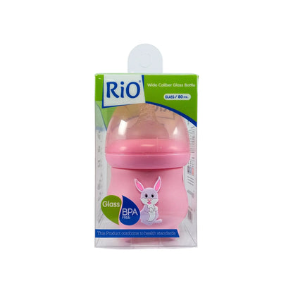 Rio's Wide Caliber Glass Feeding Bottle with Rabbit Sleeve and Fancy Cap (80 ml)