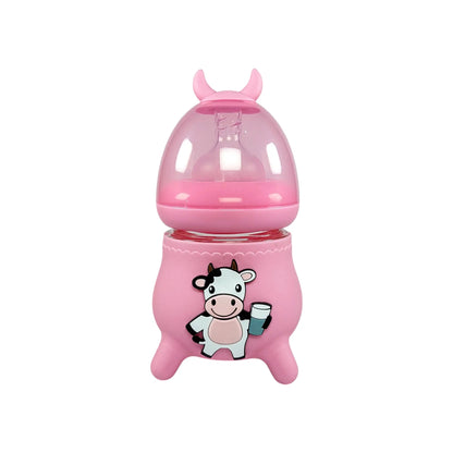 Rio's Wide Caliber Glass Feeding Bottle with Cow Sleeve and fancy cap (120 ml)