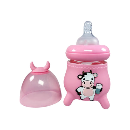 Rio's Wide Caliber Glass Feeding Bottle with Cow Sleeve and fancy cap (120 ml)
