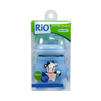 Rio's Wide Caliber Glass Feeding Bottle with Cow Sleeve and fancy cap (120 ml)