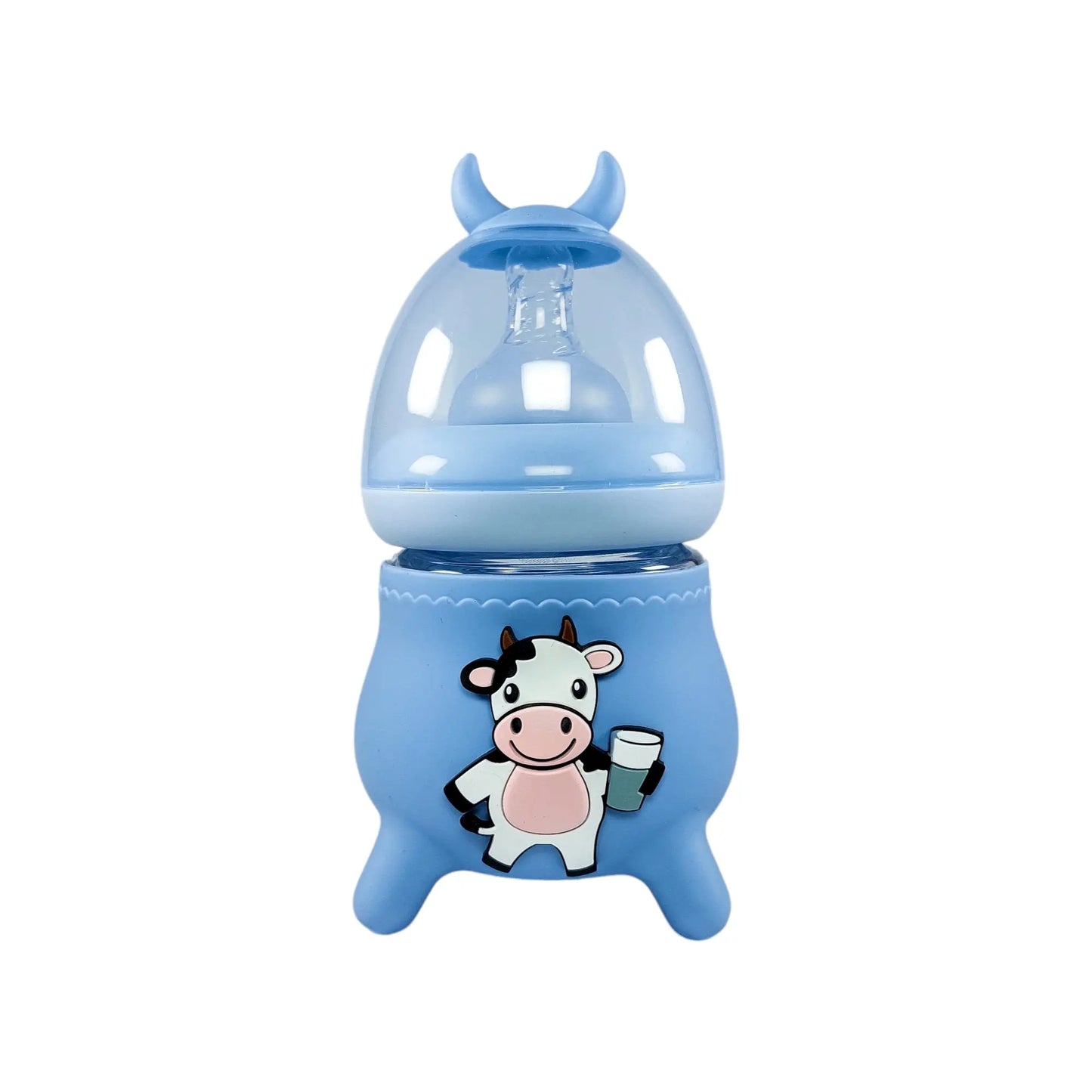 Rio's Wide Caliber Glass Feeding Bottle with Cow Sleeve and fancy cap (120 ml)