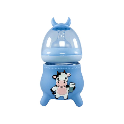 Rio's Wide Caliber Glass Feeding Bottle with Cow Sleeve and fancy cap (120 ml)