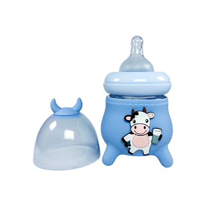 Rio's Wide Caliber Glass Feeding Bottle with Cow Sleeve and fancy cap (120 ml)