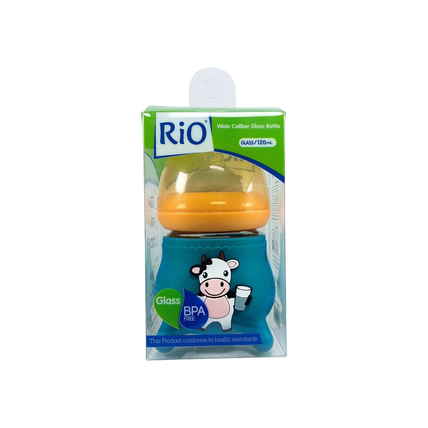 Rio's Wide Caliber Glass Feeding Bottle with Cow Sleeve and fancy cap (120 ml)
