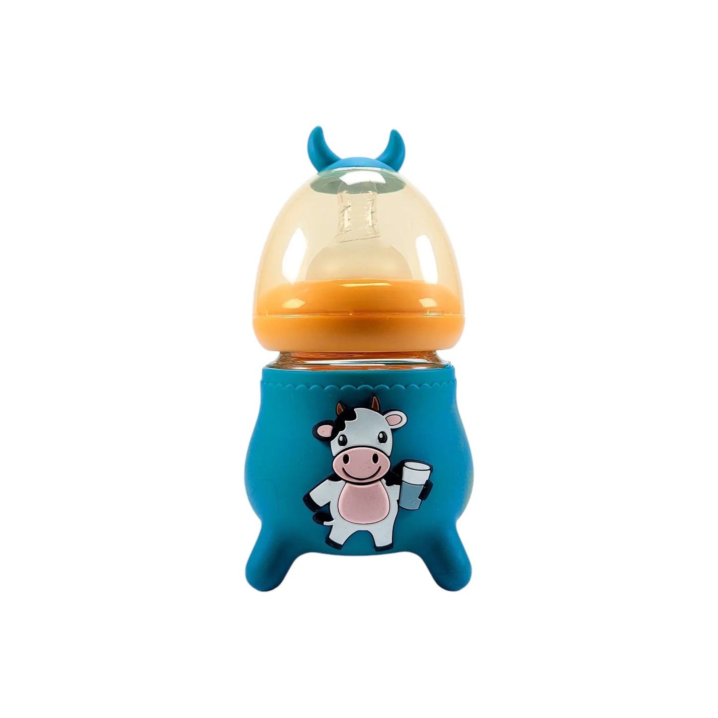 Rio's Wide Caliber Glass Feeding Bottle with Cow Sleeve and fancy cap (120 ml)