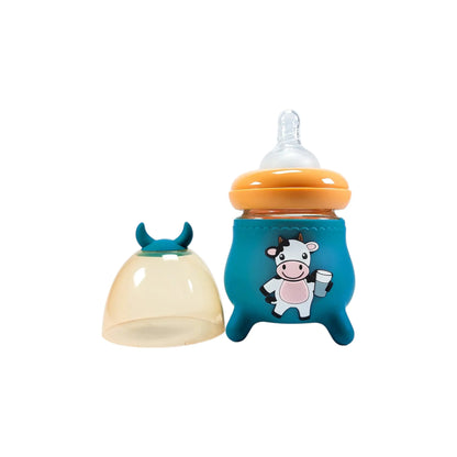 Rio's Wide Caliber Glass Feeding Bottle with Cow Sleeve and fancy cap (120 ml)
