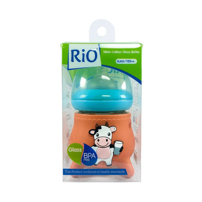 Rio's Wide Caliber Glass Feeding Bottle with Cow Sleeve and fancy cap (120 ml)