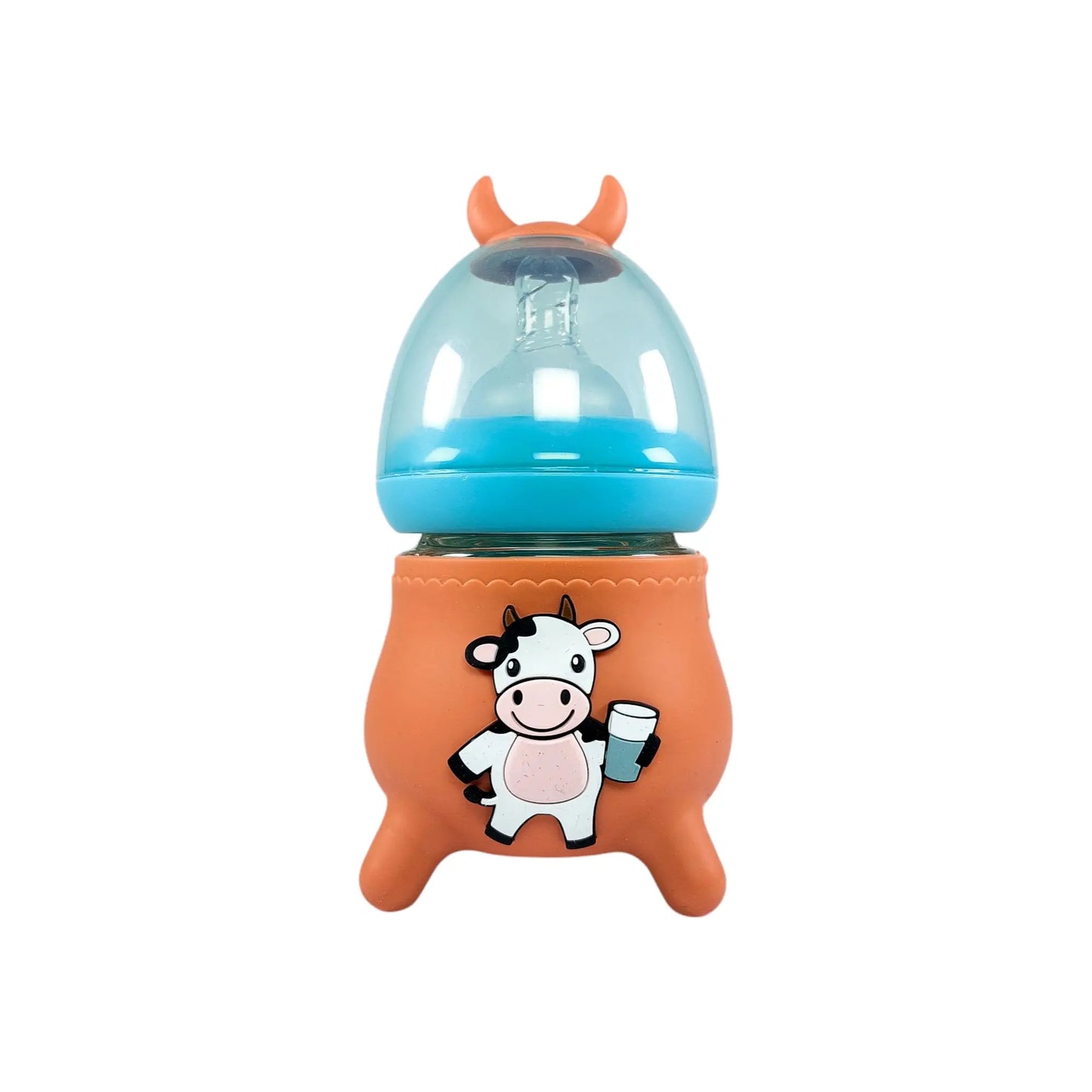 Rio's Wide Caliber Glass Feeding Bottle with Cow Sleeve and fancy cap (120 ml)