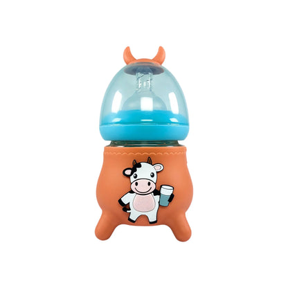 Rio's Wide Caliber Glass Feeding Bottle with Cow Sleeve and fancy cap (120 ml)