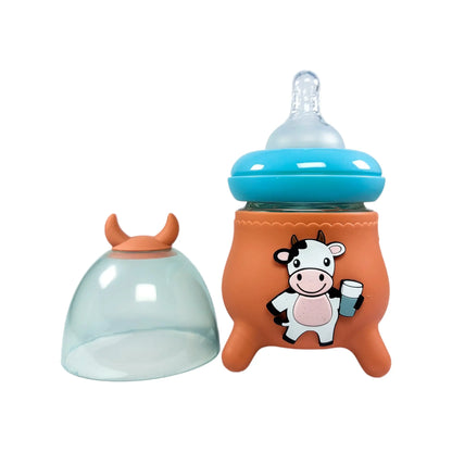 Rio's Wide Caliber Glass Feeding Bottle with Cow Sleeve and fancy cap (120 ml)