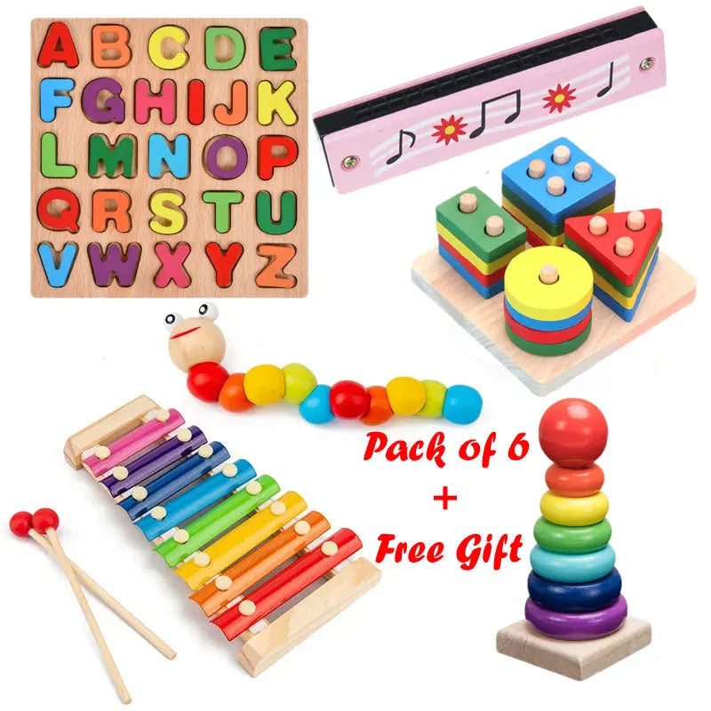 Premium Wooden Toy Gift Set for Toddlers – Educational 6-Pack with Xylophone, Shape Sorter, Alphabet Puzzle & More