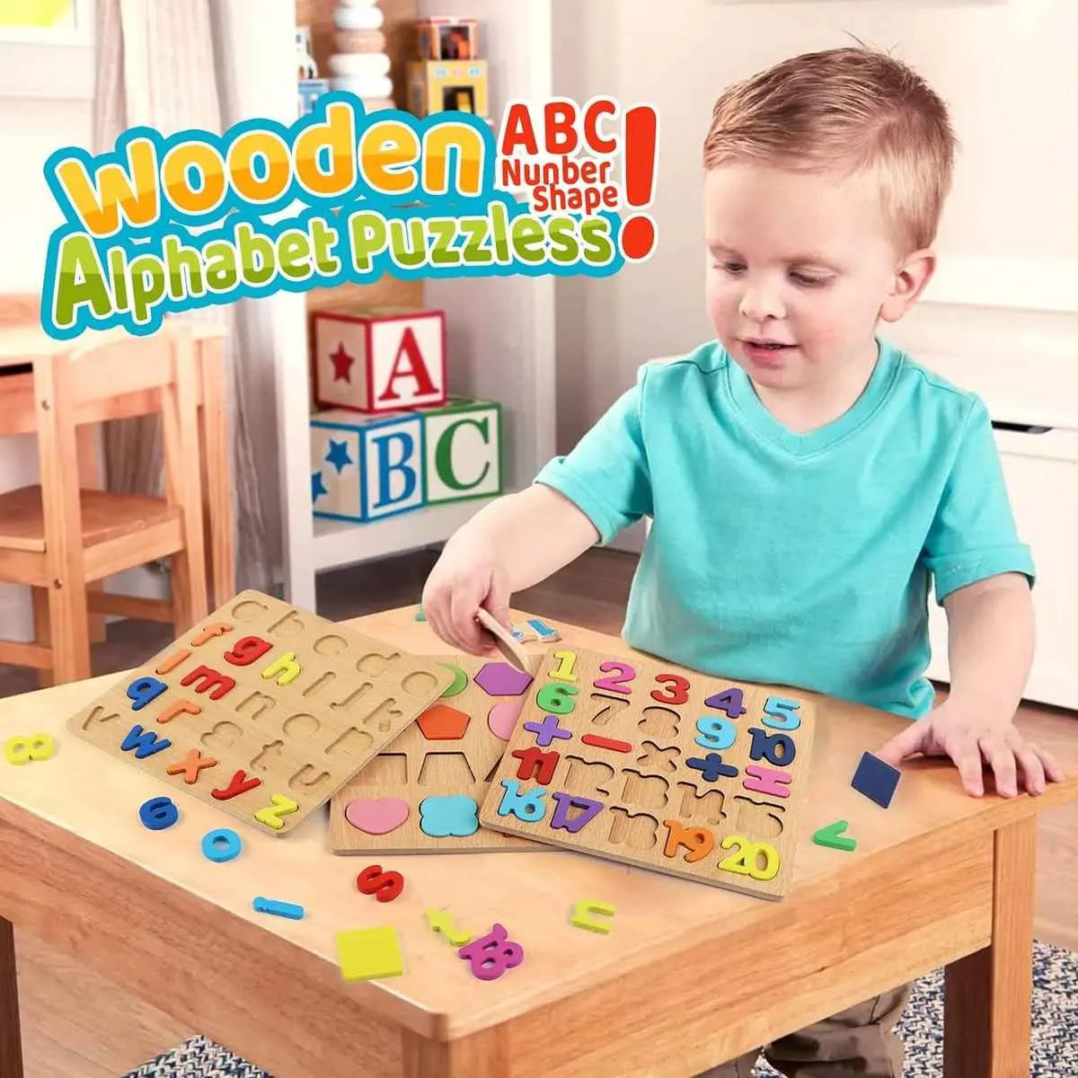Wooden Educational Puzzle Set for Kids – Alphabets (Upper & Lowercase), Numbers + Math Symbols & Shapes (Pack of 4)