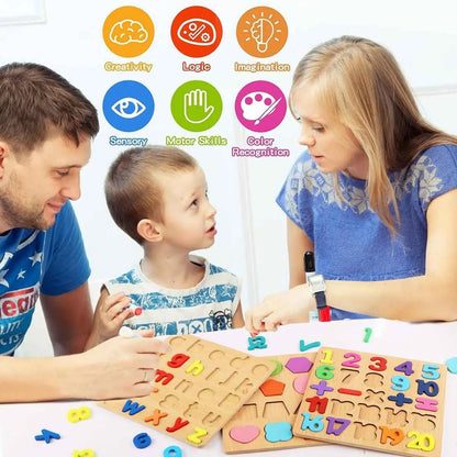 Wooden Educational Puzzle Set for Kids – Alphabets (Upper & Lowercase), Numbers + Math Symbols & Shapes (Pack of 4)