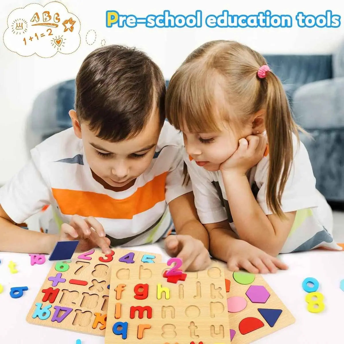 Wooden Educational Puzzle Set for Kids – Alphabets (Upper & Lowercase), Numbers + Math Symbols & Shapes (Pack of 4)