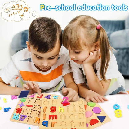 Wooden Educational Puzzle Set for Kids – Alphabets (Upper & Lowercase), Numbers + Math Symbols & Shapes (Pack of 4)