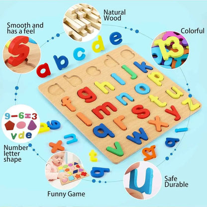 Wooden Educational Puzzle Set for Kids – Alphabets (Upper & Lowercase), Numbers + Math Symbols & Shapes (Pack of 4)